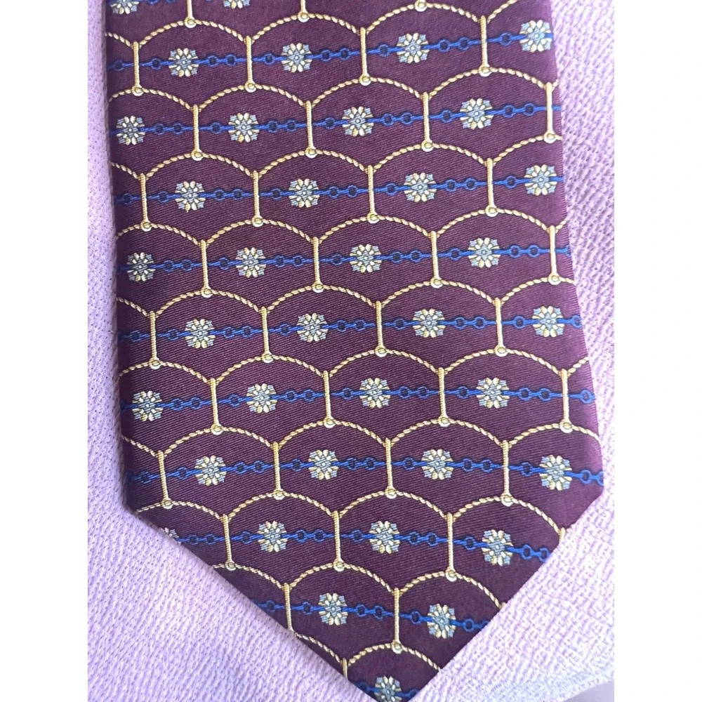 Tom James Mens Silk Tie Burgundy Gold Blue Geometric Chain Floral Pattern